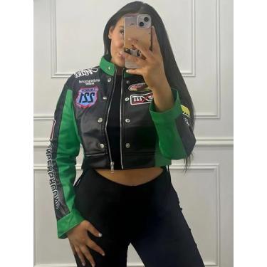 Imagem de Jaqueta Feminina Com Estampa De Penas E Patchwork, Manga Comprida, Com