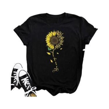 Imagem de Camiseta Feminina Preta Com Estampa De Borboleta E Girassol Kawaii, Co
