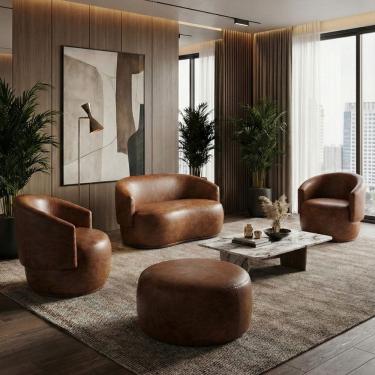 Imagem de Kit 02 Poltronas + 01 Sofá Orgânico Beatriz + 01 Puff redondo Courino Ocre - Montanari`s Decor