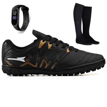 Imagem de Kit Chuteira Futebol Society Bico de Couro Grama Sintetica + Meião + Relogio Adulto-Unissex