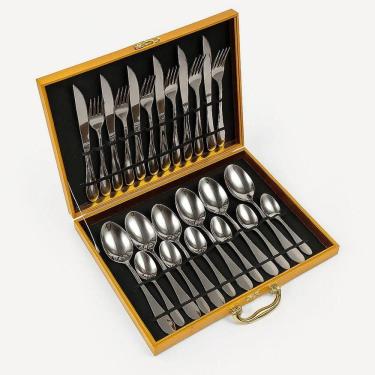 Imagem de Faqueiro 24 Peças Talheres em Inox e Maleta em MDF Aço Inox para Mesa Dourado