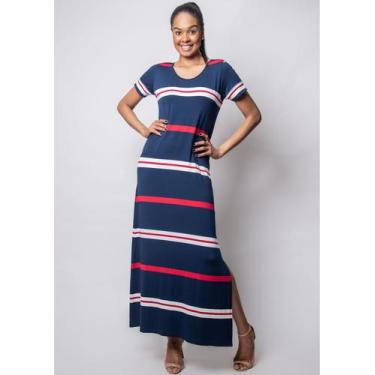 Imagem de Vestido Longo Pau a Pique Listrado Vermelho e Azul Marinho, Azul marin