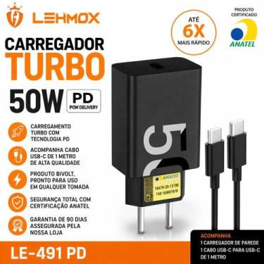 Imagem de Carregador Turbo Lehmox LE-491 PD 50W Tipo-C com Cabo 1 Metro