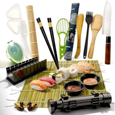 Imagem de LIVINVIBE Kit de fabricação de sushi – Conjunto completo de sushi DIY com bazuca de sushi, faca, tapetes de bambu, moldes de onigiri, pauzinhos, recipiente de armazenamento de abacate e saco de