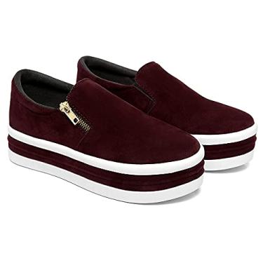 Imagem de Slip On Feminino Sola Alta Tênis Plataforma Com Zíper Macio Iate Camurça Para Ficar Alta Cor:Bordô;Tamanho;37