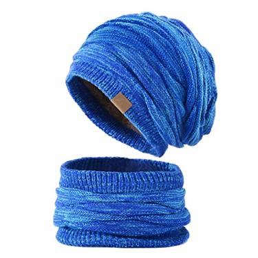 Imagem de Insun Conjunto de gorro de malha quente de inverno para homens e mulheres cachecol térmico laço folgado boné de caveira com forro de lã, Azul, P-M
