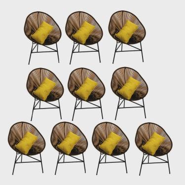 Imagem de Kit 10 Poltrona Cadeira Acapulco Plus com Almofada Quadrado Marrom Tecido Sintético Amarelo - Ahazzo Móveis