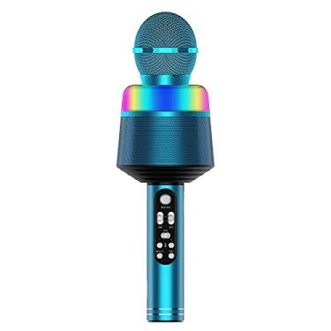 Imagem de Kiboule Microfone de karaokê sem fio com luzes LED 2 em 1 portátil BT microfone alto-falante suporte TF cartão jogando para dispositivo iOS/Android, azul