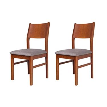 Imagem de Cadeira de Jantar Estofada (kit com 2) Lótus Meu Móvel de Madeira - Caramelo e Tecido Cinza Caramelo