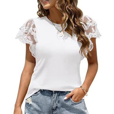 Imagem de Camisas femininas de renda gola careca manga curta camiseta verão cor sólida slim fit casual feminino(M-Branco)