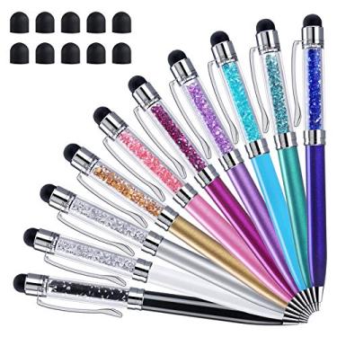 Imagem de Canetas Stylus, Canetas ChaoQ 10 peças 5,0 polegadas 2 em 1 Caneta de cristal e caneta esferográfica para iPhone, iPad, Kindle Fire Todos os dispositivos capacitivos de tela sensível ao toque, com 10 pontas de borracha substituíveis, 10 Colors - black/silver/green/sky blue/purple