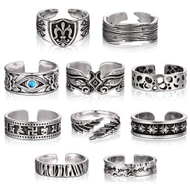 Imagem de 10 peças anéis masculinos vintage abertos punk flor de caveira legal punk gótico anéis ajustáveis hippie retro dedo do pé para homens joias, 10 estilos, metal, metal, Metal, Metal