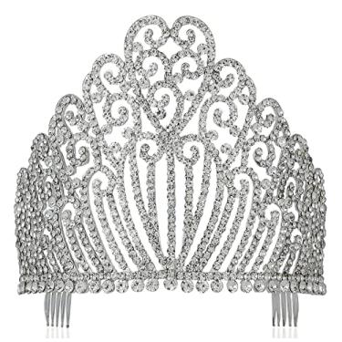 Imagem de Janefashions Tiara de strass de cristal austríaco branco claro de 13 cm com pentes de cabelo coroa tiara tiara rainha princesa concurso festa teatro show prata T11990