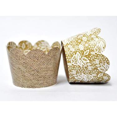 Imagem de Embrulhos de cupcake para casamentos, festas de aniversário, celebrações de aniversário, chás de noiva e festas rústicas. Conjunto de 24 suportes de bolo de juta reversível com estampa de renda e recorte de xícara