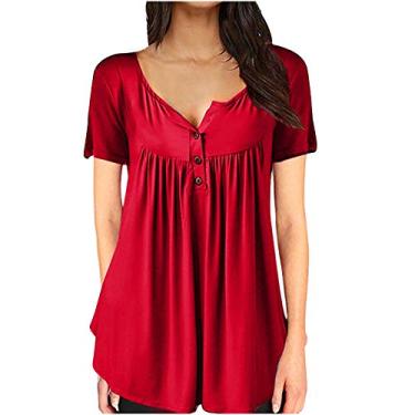 Imagem de Camiseta feminina casual gola redonda, manga curta, blusa de verão, plus size, túnica, camiseta, Vermelho, XXG