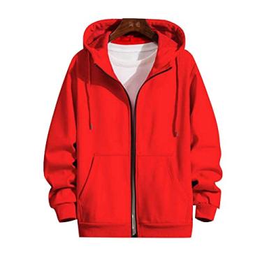 Imagem de Moletom com capuz masculino jaquetas leves manga longa com zíper moletom suéter tops, vermelho, G