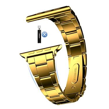 Imagem de MaKTech Pulseira de Relógio de Metal de Aço Inoxidável,Remoção Autodesmontável (Sem Necessidade de Rerramenta),para Apple Watch 11/10/9/8/7,Ultra 3/2/1,SE 3/2/1 [2025] (46mm/45mm/44/49mm,Ouro)