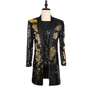 Imagem de Blazer longo leve masculino lantejoulas terno jaqueta roupas de palco primavera outono casaco de negócios para festa jantar baile de casamento, preto, G (busto: 100 cm)