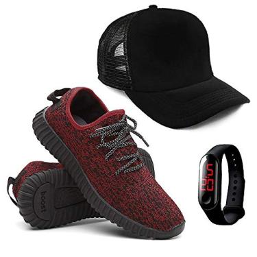 Imagem de Kit Tenis Masculino Corrida Yzi + Relógio Esporte + Boné - Vermelho/43