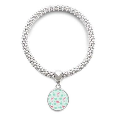 Imagem de DIYthinker Pulseira com pingente de prata verde rosa com estampa de flamingo, pulseira ajustável