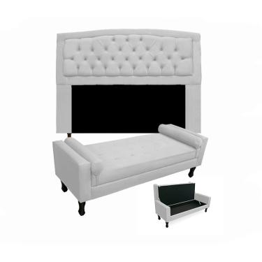 Imagem de Conjunto Cabeceira Geovana + Calçadeira Fênix Casal 140cm Suede Branco - LM DECOR