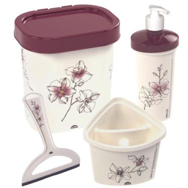 Imagem de Kit Completo Decorado para Organização Pia: Lixeira, Porta Detergente, Rodinho e Escorredor de Talheres vinho Plasutil