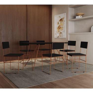 Imagem de Mesa Jantar Retangular Industrial 1,50X0,90M Preta Com 6 Cadeiras Estofadas Bege E Cobre Bege