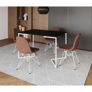 Imagem de Mesa Jantar Industrial Retangular Base V 120x75cm Preta com 4 Cadeiras Estofadas Caramelo Aço Branco