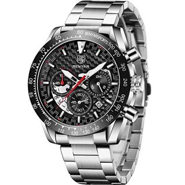 Imagem de Relógio de pulso masculino moderno com cronógrafo de quartzo à prova d'água, design esportivo, casual, para negócios, perfeito para pai, filho, preto, azul, ouro rosa (BY5175S, prata, preto), BY5175S,