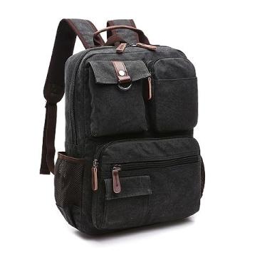 Imagem de Mochila De Lona Resistente Detalhe Em Couro Masculina Feminina Para Notebook 15.6 Urbana Estudo Camping Trabalho Tática Reforçada - ZAFIN (Preto)