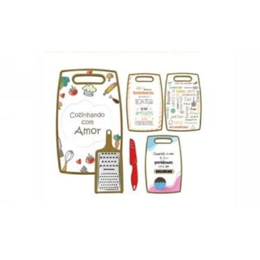 Imagem de Tábua de Corte Polietileno decorada Kit com Tábua, Ralador Inóx e Faca Inóx -Churrasco, Legumes, Carne, Frases