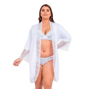 Imagem de Robe Manga Longa Microfibra Renda Luxo Plus Size Florallys Branco