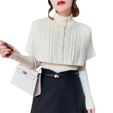 Imagem de Suéter e capa de duas peças vintage outono inverno slim solto gola V pulôver suéter feminino casual quente, Branco, P