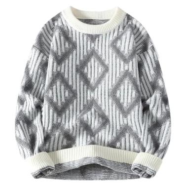 Imagem de BoShiNuo Suéter masculino de malha quente grosso de inverno suéter de Natal Argyle pulôver manga longa gola redonda suéter masculino, Branco, X-Small