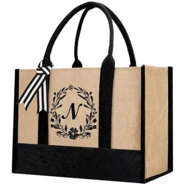 Imagem de Sacola personalizada de juta para mulher presente de aniversário de Natal para mulheres presentes de praia para senhora mãe noiva, Letra N, Medium