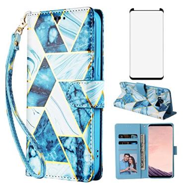 Imagem de Capa carteira compatível com Samsung Galaxy S8 Plus e protetor de tela de vidro temperado de couro com suporte para cartão para S8plus S 8 8plus 8S Edge S8+ SM-G955U feminino masculino azul