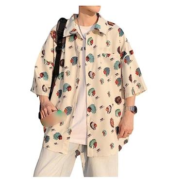 Imagem de Camisa masculina verão estilo havaiano estampa floral manga curta secagem rápida moda casual praia, Bege, XG