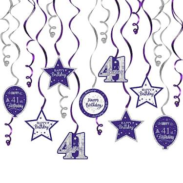 Imagem de Nelbiirth Feliz aniversário de 41 anos roxo e prata com glitter espirais decorações de festa - 15 peças kit de serpentinas para pendurar redemoinhos de aniversário de 41 anos, perfeito para placa de