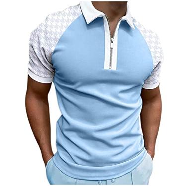 Imagem de Camisetas masculinas verão outono manga curta gola tartaruga crochê camisetas básicas homem 2024, W-290 Azul royal claro, P