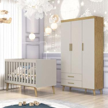 Imagem de Berço Americano e Guarda Roupa Infantil Ambiente Ludmila Off White Bétula - Carolina Baby