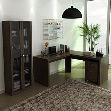 Imagem de Mesa em L com Gaveteiro e Armário com 2 Portas de Vidro Espresso Móveis Rústico