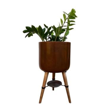 Imagem de Vaso Cilindro para Plantas 33cm com Tripé de Madeira e Prato (Marrom)
