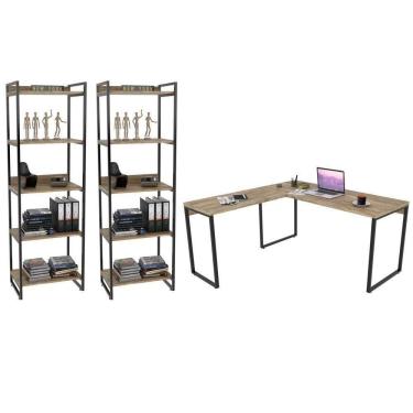 Imagem de Conjunto Escritório Estilo Industrial Mesa 150X150Cm E 2 Estantes 60Cm 5 Prateleiras C08 Carvalho