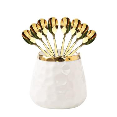 Imagem de HENWAFX Conjunto de garfo de sobremesa, pote de cerâmica com 8 garfos pequenos, salada, frutas, festa, bolo, conjunto de talheres de acampamento (pote de cerâmica branca + 8 colheres)