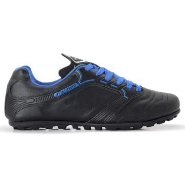 Imagem de Chuteira Couro Legitimo Society Campo Grama Sintética Preto Azul Royal Sola Borracha Colado Costurado (BR, Adulto, Numérico, 36)
