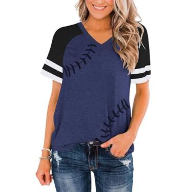 Imagem de ZUNQKG Camisetas femininas de beisebol com gola V, manga curta, patchwork, estampa raglan, beisebol, 06 - Azul marinho, G