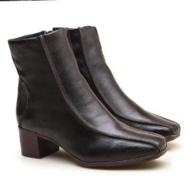 Imagem de Bota Feminina Em Couro Bico Quadrado Luciana Café Salto Bloco 4.5cm - 
