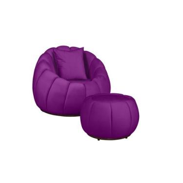 Imagem de Kit Poltrona + Puff Concha + Almofada Veludo Roxo - Mazzero Decor