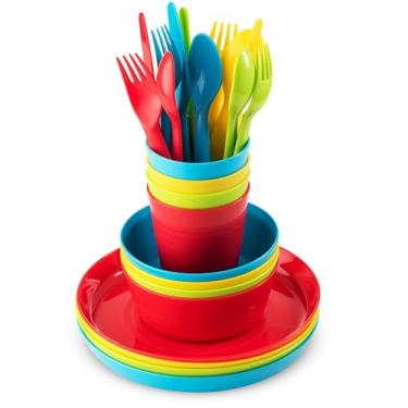 Imagem de Plaskidy Conjunto de louça infantil para 4 – Conjunto de louça infantil de plástico com 24 peças, pode ir ao micro-ondas/lava-louças, livre de BPA – Conjunto de jantar infantil inclui pratos e tigelas para crianças, conjunto de talheres e copos infantis