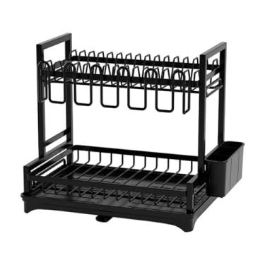 Imagem de Ioensy Escorredor de pratos para balcão de cozinha, prateleira de pia de 2 níveis, suporte para utensílios, escorredor de pratos estável com tábua de, Preto